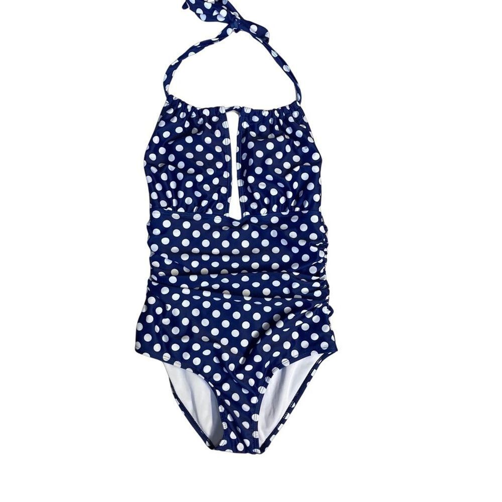 B2PRITY Women's Swimsuit Sz S Navy Blue Polka Dot Halter One Piece